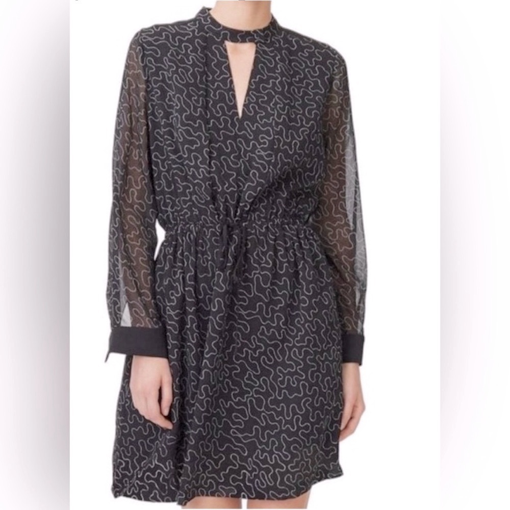 Club Monaco Long Sleeve Quanni V-neck Choker Dress Black w White Doodle Print